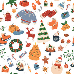 Seamless pattern of Christmas and New Year items.