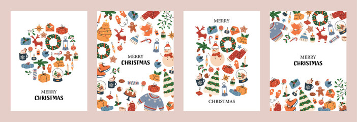 Hand drawn cozy collection invitation greeting cards and posters of Christmas and New Year items.