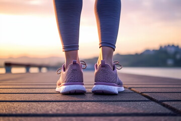 Runner feet running on road closeup on shoe. woman fitness sunrise jog workout welness concept.