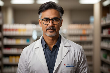 Male pharmacist, with glasses and grey hair