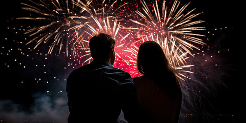 Fototapeta na wymiar Fireworks in the Nightsky, couple watching the new year, colorful and magic - The New Year Series