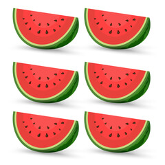 Set of SIX pieces of juicy  Watermelon organic fruit in half cut, slices and triangle. Red watermelon piece vector, illustration