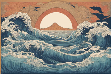 Sunset waves in Japanese ukiyo-e style
