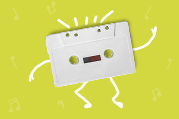 Cartoon doodle in the form of an old cassette tape dancing at a party.