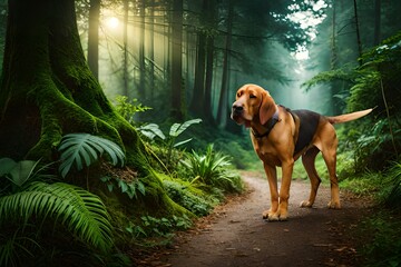 a Bloodhound dog ,in jungle - obrazy, fototapety, plakaty