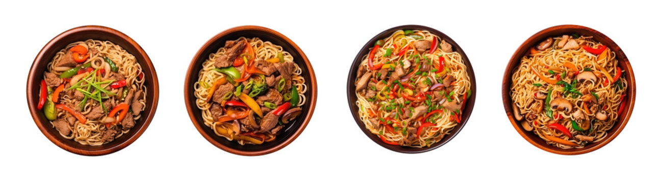 Collection of assorted stir-fry noodles with vegetables and beef in bowls, isolated on a transparent background. Asian or Chinese food items.