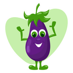Cute eggplant vegetable character in flat style. Vegan fun design colorful. Stock vector illustration isolated on white background