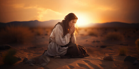Christian woman kneeling and praying in the desert, at sunset. Biblical