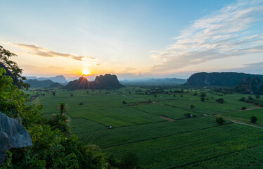 Nature mountain with Thai temple view of Srichompoo, Khonakaen, Thailand. in green season.
