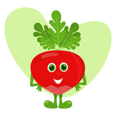 Cute red radish vegetable character in flat style. Vegan fun design colorful. Stock vector illustration isolated on white background