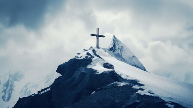 Searching for Christ, a journey towards Faith. A Cross in the peak of a snowy mountain chain amidst the clouds