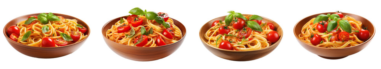 Collection of traditional Italian linguini pasta with tomatoes and fresh parsley, isolated on a transparent background. PNG, cutout, or clipping path. - obrazy, fototapety, plakaty