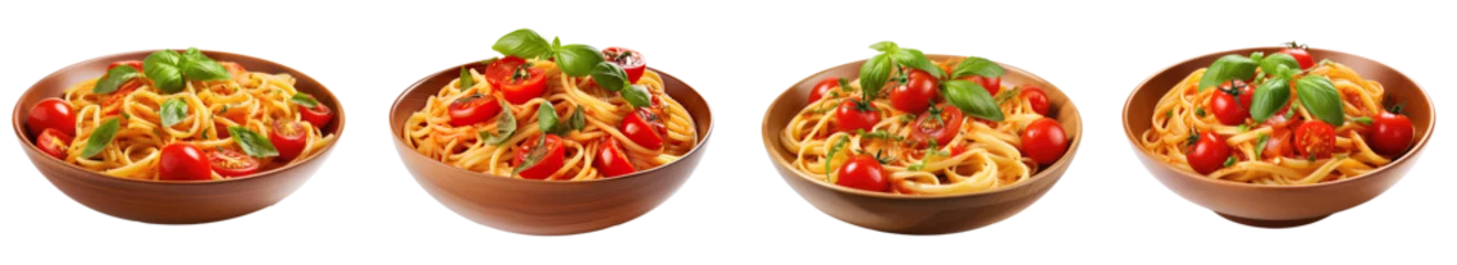 Fotobehang Collection of traditional Italian linguini pasta with tomatoes and fresh parsley, isolated on a transparent background. PNG, cutout, or clipping path. © Transparent png