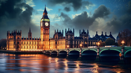 Big Ben and the Houses of Parliament at night in London - obrazy, fototapety, plakaty
