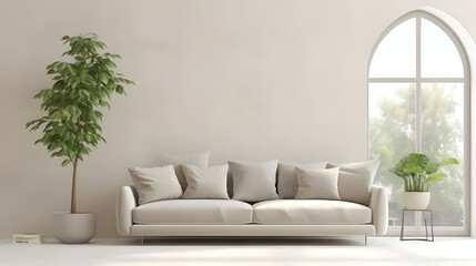 Minimalist home interior design of modern living room. white sofa against stucco wall with blank frame. Generate AI