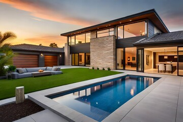 modern house exterior with pool  generated by AI - obrazy, fototapety, plakaty