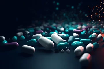 Zelfklevend Fotobehang Medicine pills capsules falling out levitaion background © Kislinka_K