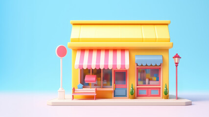 3D cute small store building isolated on blue pastel background.