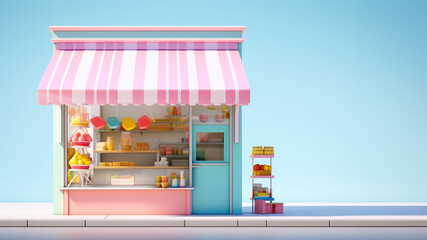 3D cute small store building isolated on blue pastel background. - obrazy, fototapety, plakaty