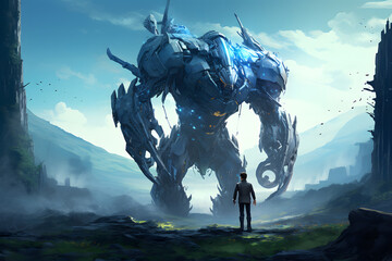 Naklejka premium soldier in mecha suit, war robot fighter
