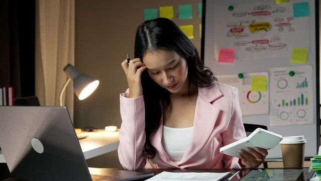 Serious, business woman with documents, computer and office management, accounting budget or payroll check. Busy professional accountant person with company taxes, audit or financial paperwork review
