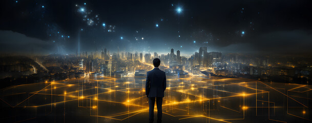 A person glancing over a city at night