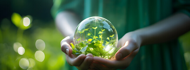 hands holding a green grass inside a circular glass