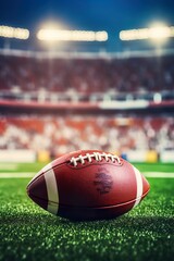 American football sport equipment background banner - Closeup of football on gridiron in stadium | Generative AI