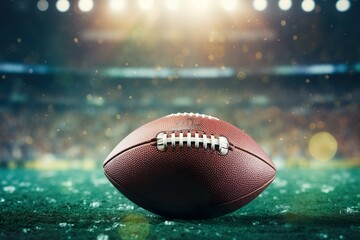 American football sport equipment background banner - Closeup of football on gridiron in stadium | Generative AI