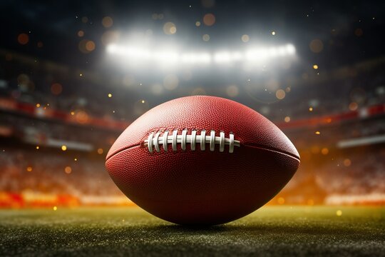 American football sport equipment background banner - Closeup of football on gridiron in stadium | Generative AI