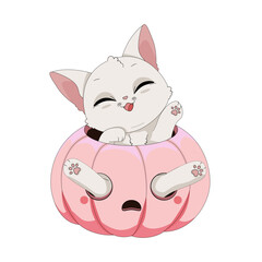 Zabawny kot bawiący się w wydrążonej różowej dyni. Ilustracja na Halloween. Cukierek albo psikus! Uroczy ręcznie rysowany mały kotek. Ilustracja wektorowa. © Monika