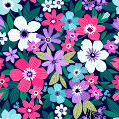 Flowery bright pattern in pink and purple flowers, dark blue background. Liberty style. Floral seamless background for trendy print. Floral background. Spring bouquet.