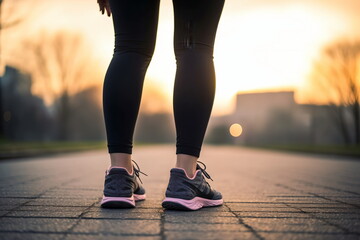 Runner feet running on road closeup on shoe. woman fitness sunrise jog workout welness concept.