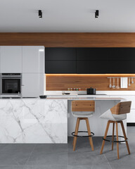 Elegant modern minimalist interior design of kitchen with island, stool and chairs. 