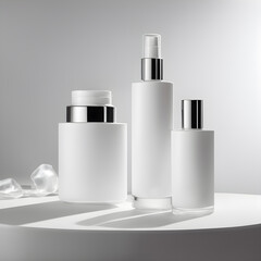 A set of 3 blank cosmetic and skin products which can be used ready to use product mockup, Product Photography Mockup next to blank packaging box with white background