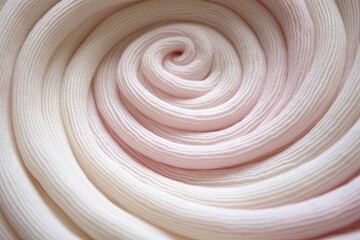 Close-up of soft knitted wool yarn spiraling. White, cream yarn colors. Concept of cocooning, wellness, winter, tranquillity and meditation. Seamless textured background for cold and calm days.