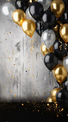 Black golden and silver balloons and confetti