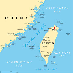 Taiwan Strait, political map. Important waterway and disputed international waters, separating the island of Taiwan and continental Asia, which connects the East China Sea and the South China Sea.