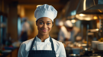 Portrait of smiling female chef standing in kitchen at restaurant