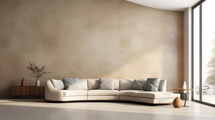 Fototapeta na wymiar Minimalist style home interior design of modern living room. Beige curved sofa against beige and concrete wall with copy space. Generate AI 