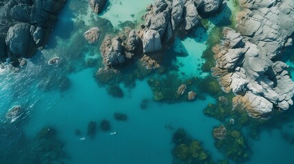 Naklejka na ściany i meble Top-down view of teal lagoons and dark volcanic islands in a tropical archipelago. generative AI