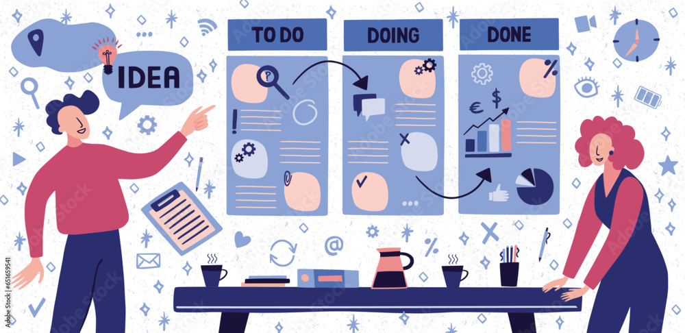 Poster business strategy. employees team planning workflow. office organization. time management. kanban bo