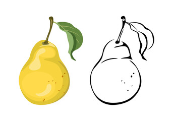 Yellow pear cartoon illustration and black and white outline.  Fruit icon.