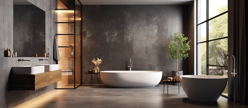a dark bathroom with panoramic window bathtub grey walls carpet concrete floor double sink stool and partition highlighting water treatment concept