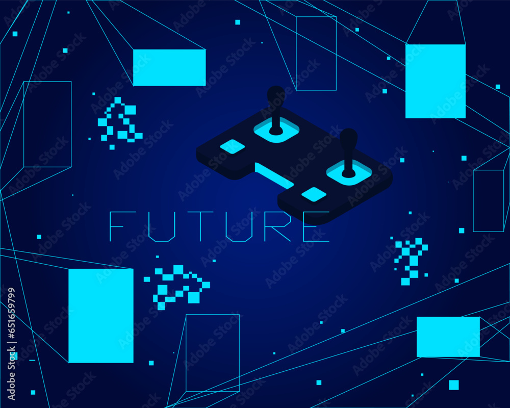 Poster Future picture. Gaming joystick. Abstract neon squares. Futuristic technologies. Outline blue cubes. Pixel simple figures. Gamers controller. Computer video game. Vector poster design
