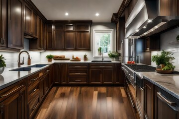 Fototapeta na wymiar Kitchen galley with hardwood flooring