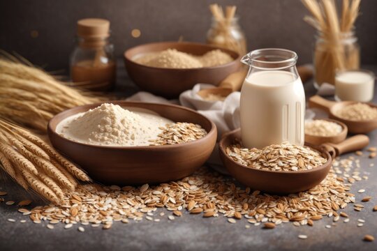 Top view of Oat milk flour dry flakes and whole grain. ai generative