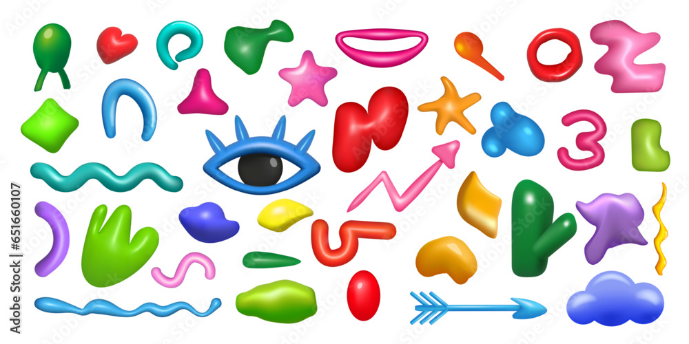 Poster 3d abstract shapes. doodle liquid art. cartoon eye and arrows. fluid geometric glossy figures. memph