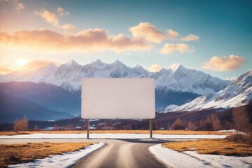 Blank empty billboard mockup on road snow mountains. ai generative - obrazy, fototapety, plakaty