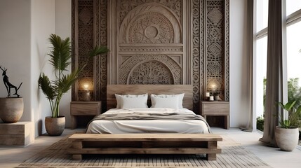 Moroccan wall hanging above wooden bed. Bohemian or eclectic interior design of modern bedroom. Generate AI 